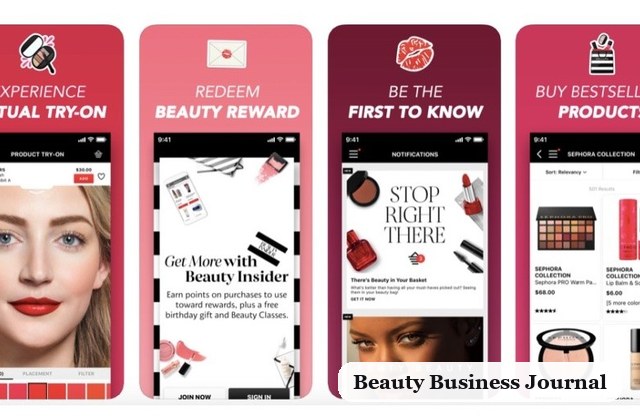Promotional collage of four smartphone screens for a beauty app, highlighting virtual try-on, rewards, early access alerts, and bestseller shopping.