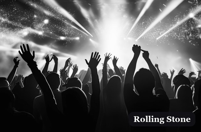 A crowd at a rock concert with hands raised toward a bright stage and dramatic light beams.