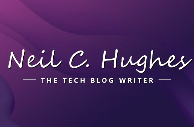 Brand banner with white handwritten 'Neil C. Hughes' and 'THE TECH BLOG WRITER' on a purple abstract background