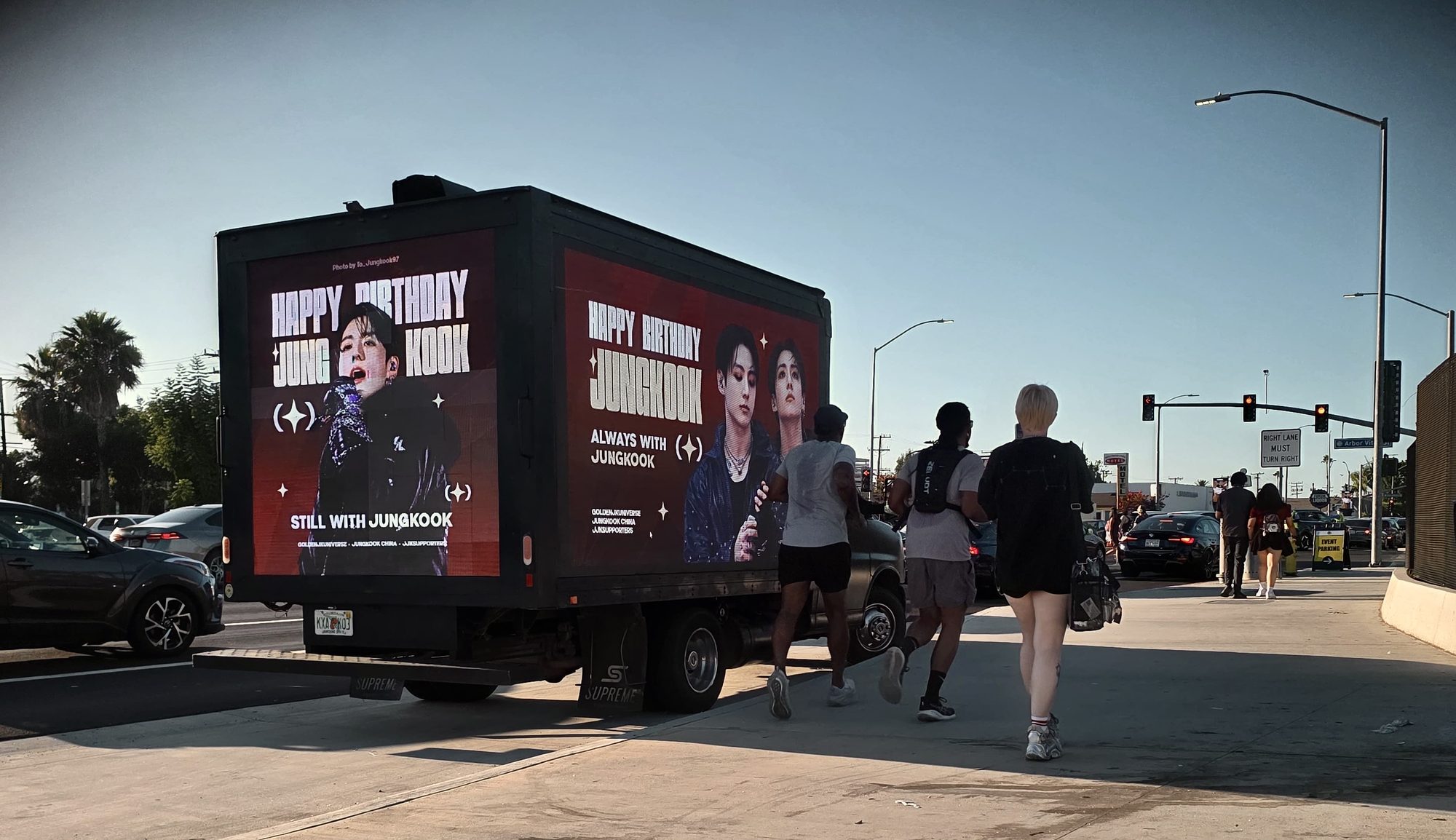 LED billboard truck running a Happy Birthday Jungkook fan campaign at a Los Angeles street corner