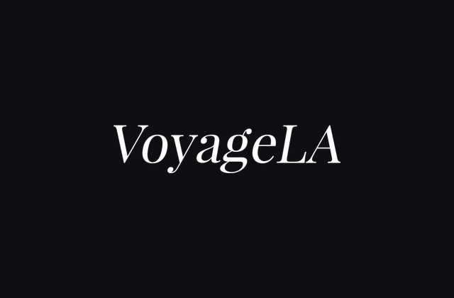 VoyageLA logo in white serif font on a black background.
